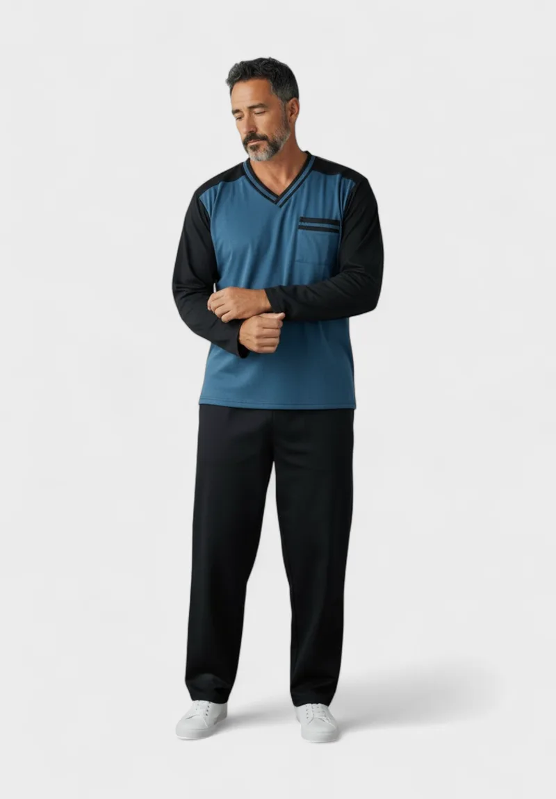 Ανδρική Πιτζάμα Fleece Collection Πετρόλ-Μαύρη με V Λαιμόκοψη CL2640-1-Πετρόλ