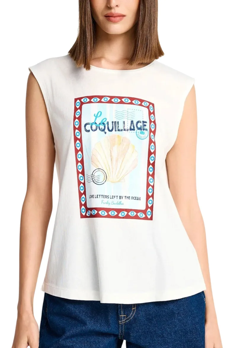 Μπλούζα Αμάνικη Funky Buddha Με Τύπωμα FBL013-140-04-OFF WHITE Γυναικείο