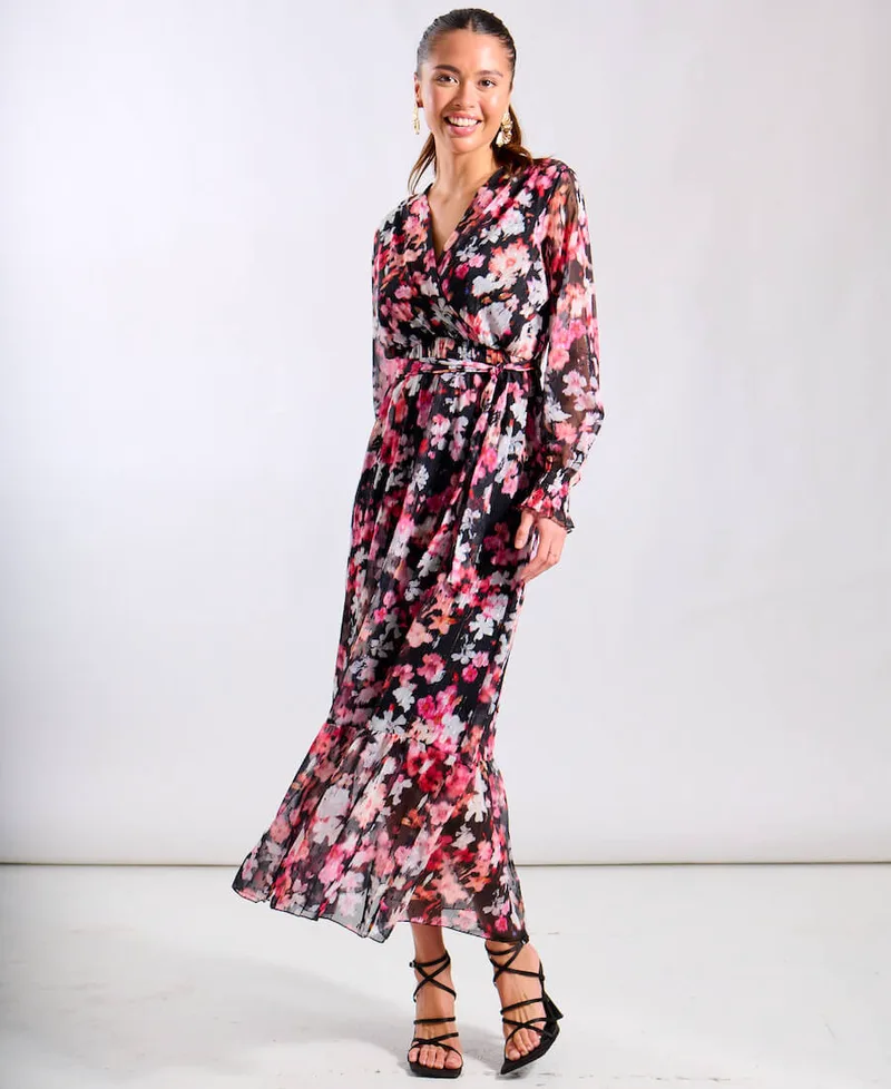 Black Floral Chiffon Maxi Dress | Clothing Size: 10