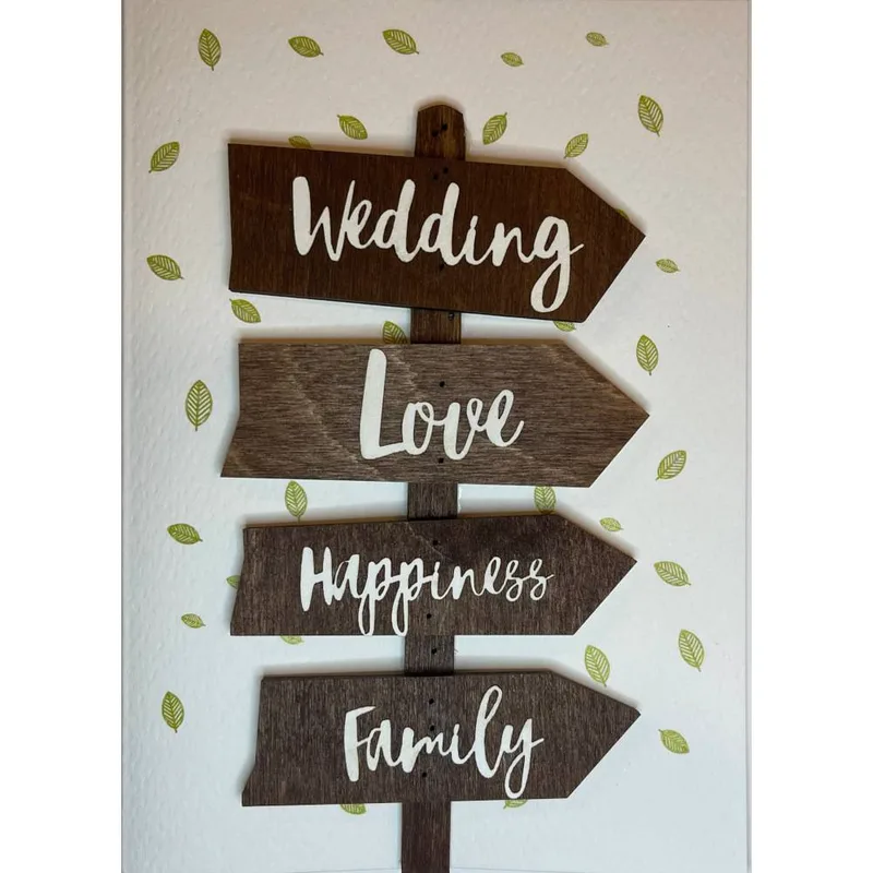 Ευχετήρια Κάρτα Γάμου με Ξύλινα Στοιχεία "Wedding Love Happiness Family''