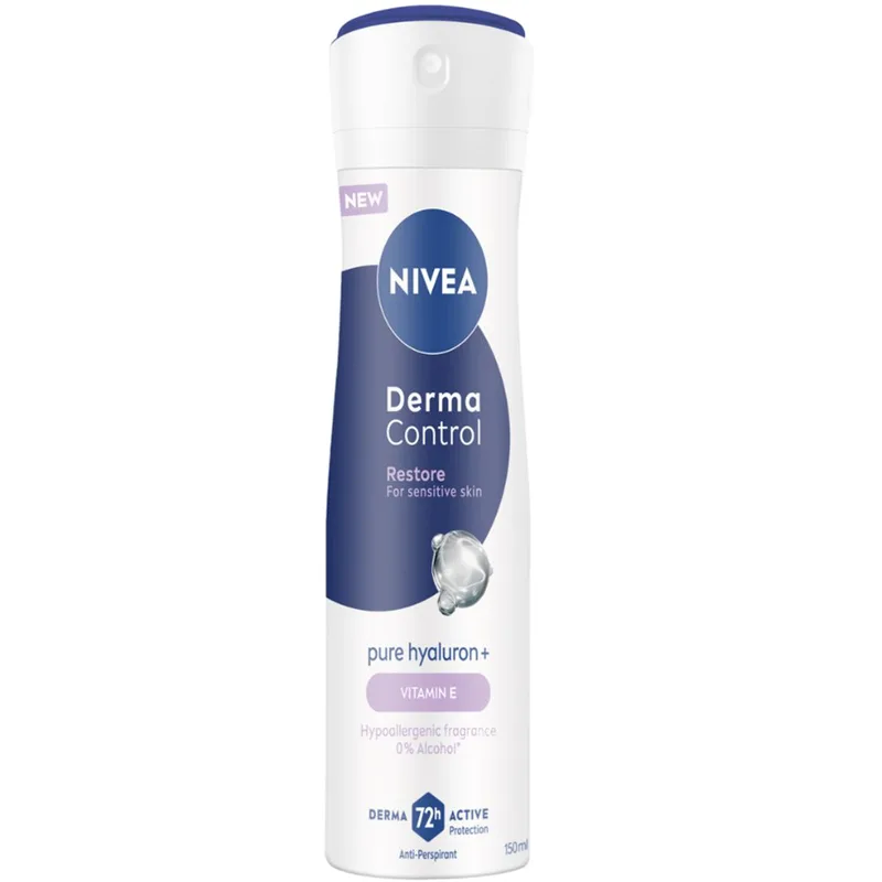 Nivea Derma Control Restore For Sensitive Skin Anti Perspirant Spray Γυναικείο Καταπραϋντικό Αποσμητικό με Καθαρό Υαλουρονικό & Βιταμίνη E για Ευαίσθητες Επιδερμίδες Χωρίς Αλκοόλ 150ml
