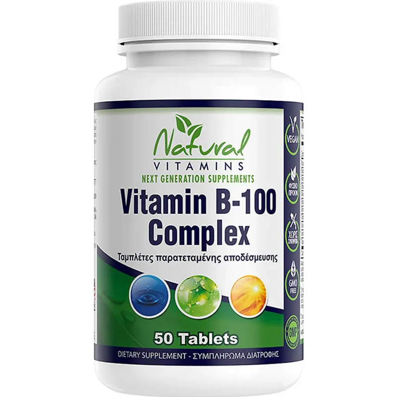 Natural Vitamins Vitamin B-100 Complex Συμπλήρωμα Διατροφής Συμπλέγματος Βιταμινών Β για την Καλή Υγεία του Νευρικού Συστήματος, Ενίσχυση της Μνήμης, Κατά της Κούρασης & Κόπωσης 50tabs