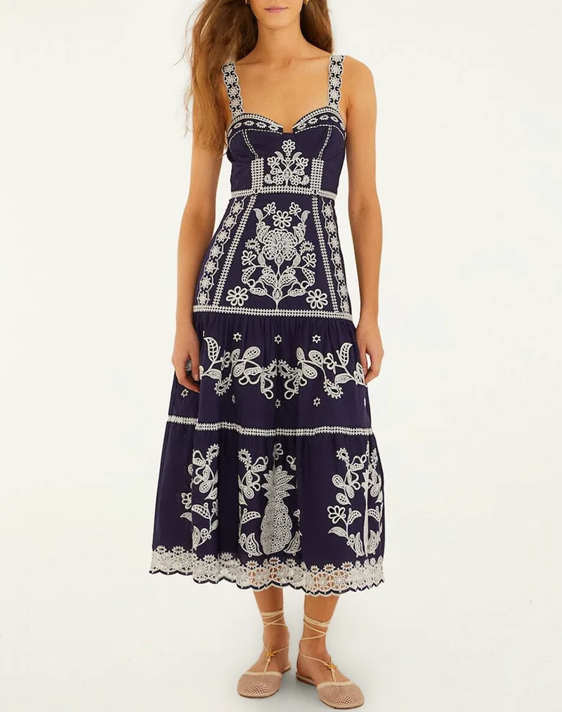 FARM RIO BLUE AND WHITE RICHILLIEU MIDI DRESS-BLUE 348962-L0003 NavyBlue