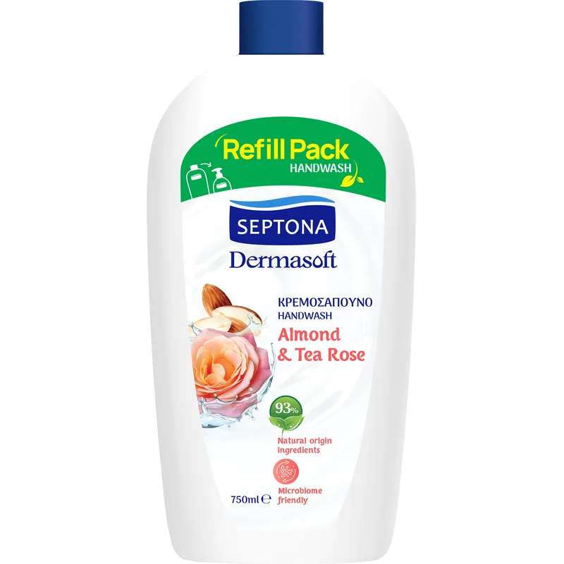Septona Dermasoft Handwash with Almond & Tea Rose Κρεμοσάπουνο με Οργανικό Νότες Αρώματος Αμύγδαλου & Tea Rose 750ml Refill
