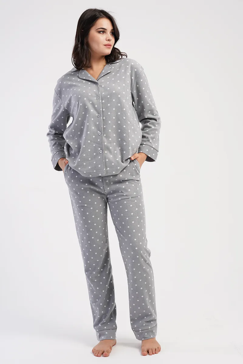Vienetta Γυναικεία χειμερινή fleece πυτζάμα κουμπωτή πουά-161844