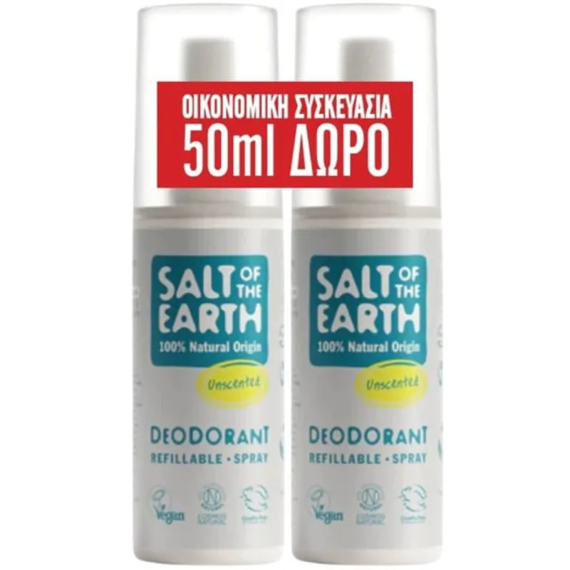 Salt of the Earth Promo Unscented Spray Deodorant Αποσμητικό Σπρέι Φυσικής Προέλευσης Χωρίς Άρωμα 200ml (2x100ml)