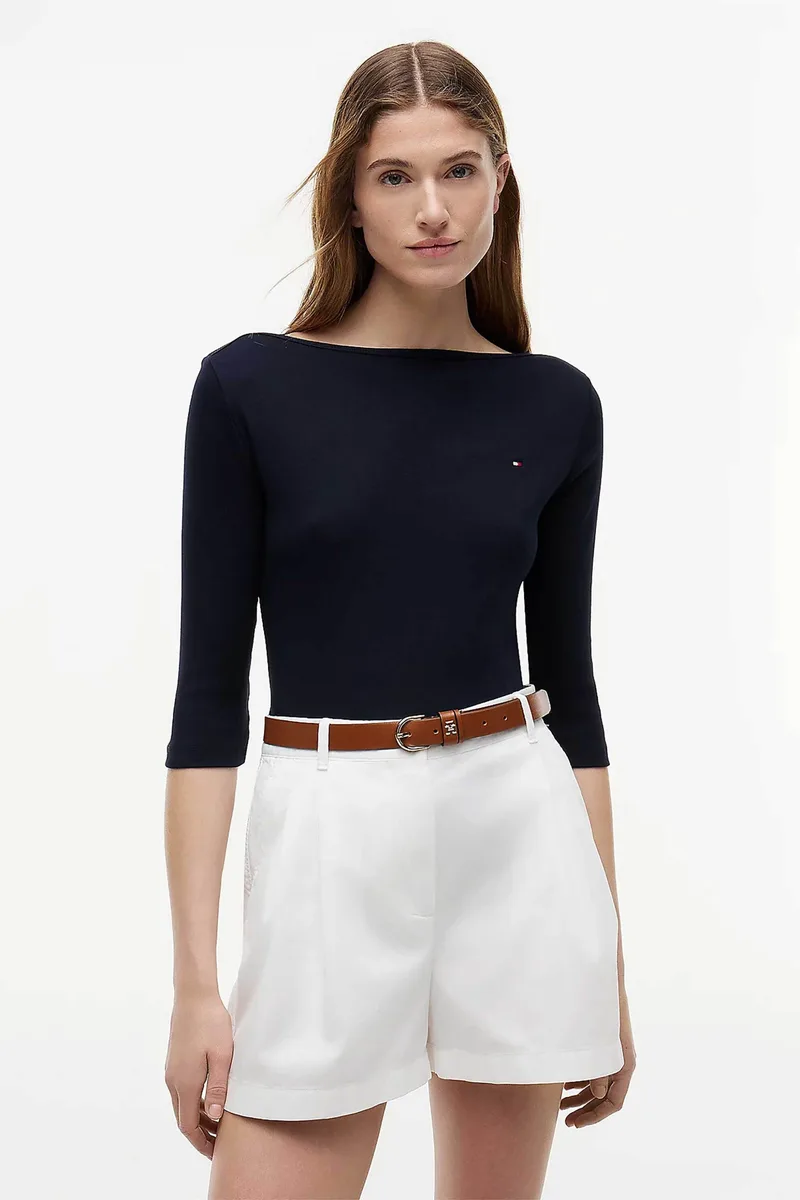 Tommy Hilfiger γυναικεία μπλούζα με κεντημένο λογότυπο και μανίκι 3/4 Slim Fit - WW0WW40589 Μπλε Σκούρο