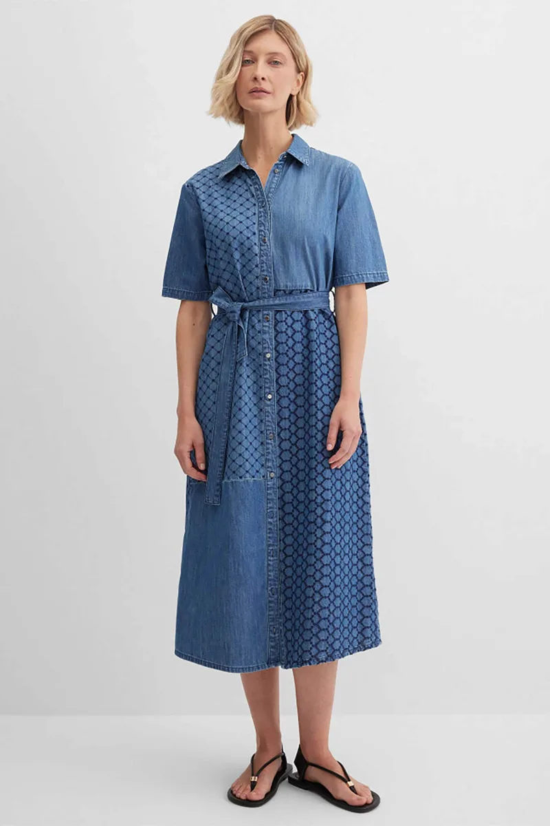Gerry Weber γυναικείο midi φόρεμα denim σεμιζιέ με κεντημένο γεωμετρικό σχέδιο - N68654396042 Denim Blue