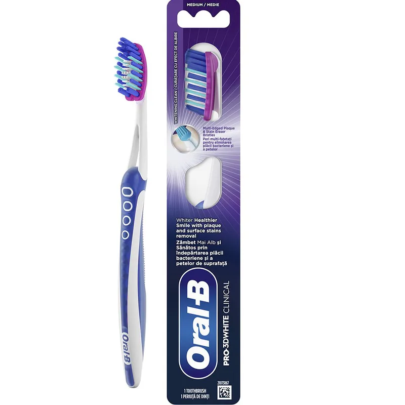 Oral-B Pro 3D White Clinical Medium Toothbrush Χειροκίνητη Οδοντόβουρτσα με Μεσαίας Σκληρότητας Ίνες για Αφαίρεση της Πλάκας & των Επίμονων Λεκέδων 1 Τεμάχιο - Μπλε