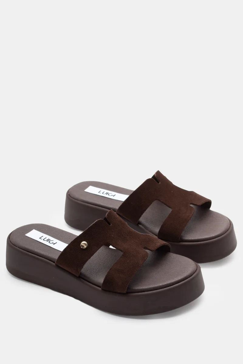 LUIGI DESIGN - Δερμάτινα Σανδάλια Flatform με Ανοίγματα στο Πλάι - Καφέ Σκούρο