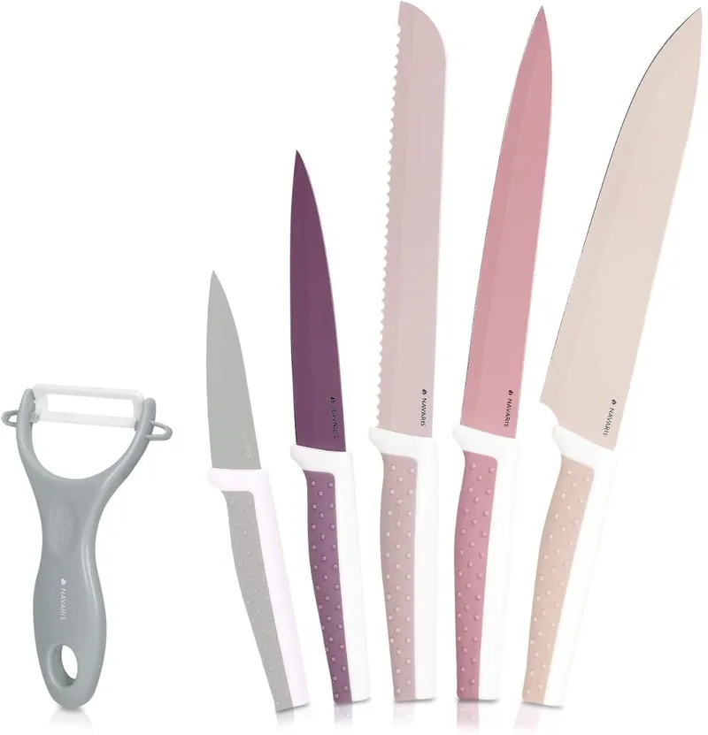Navaris Knives Set and Peeler - Σετ με 5 x Μαχαίρια και 1 x Αποφλοιωτή - Ροζ / Grey (48366.06.01)