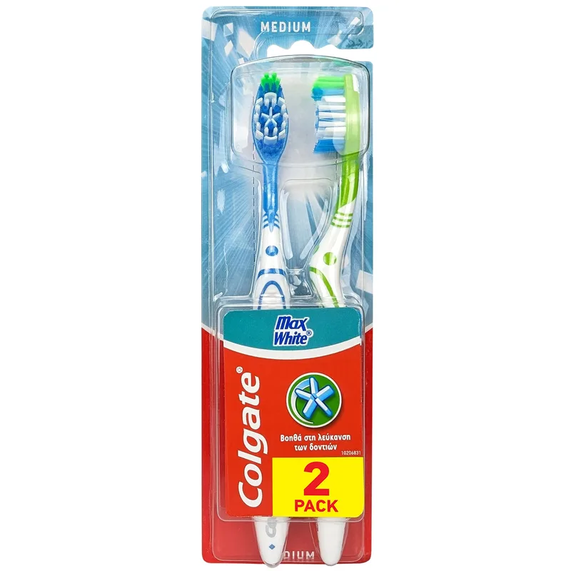 Colgate Max White Medium Toothbrush Μέτρια Οδοντόβουρτσα για την Απομάκρυνση των Χρωματικών Λεκέδων 2 Τεμάχια - Πράσινο / Μπλε