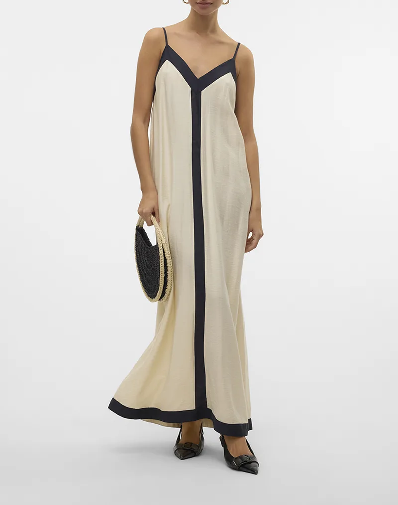 VERO MODA VMDENISE SINGLET ANKLE DRESS WVN BTQ GA 10329793-BirchBlack Biege