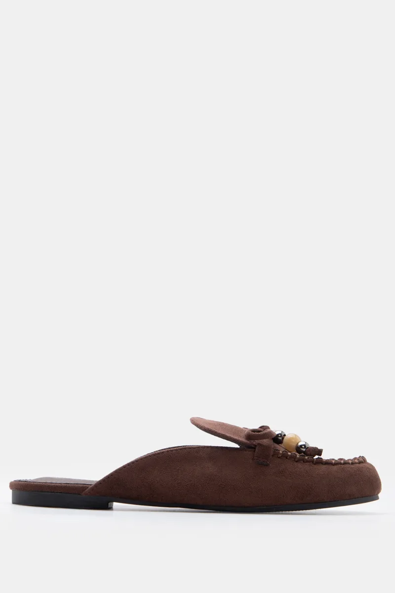 Mules Loafers με Διακοσμητικό Φιόγκο & Χάντρες - Καφέ Σκούρο