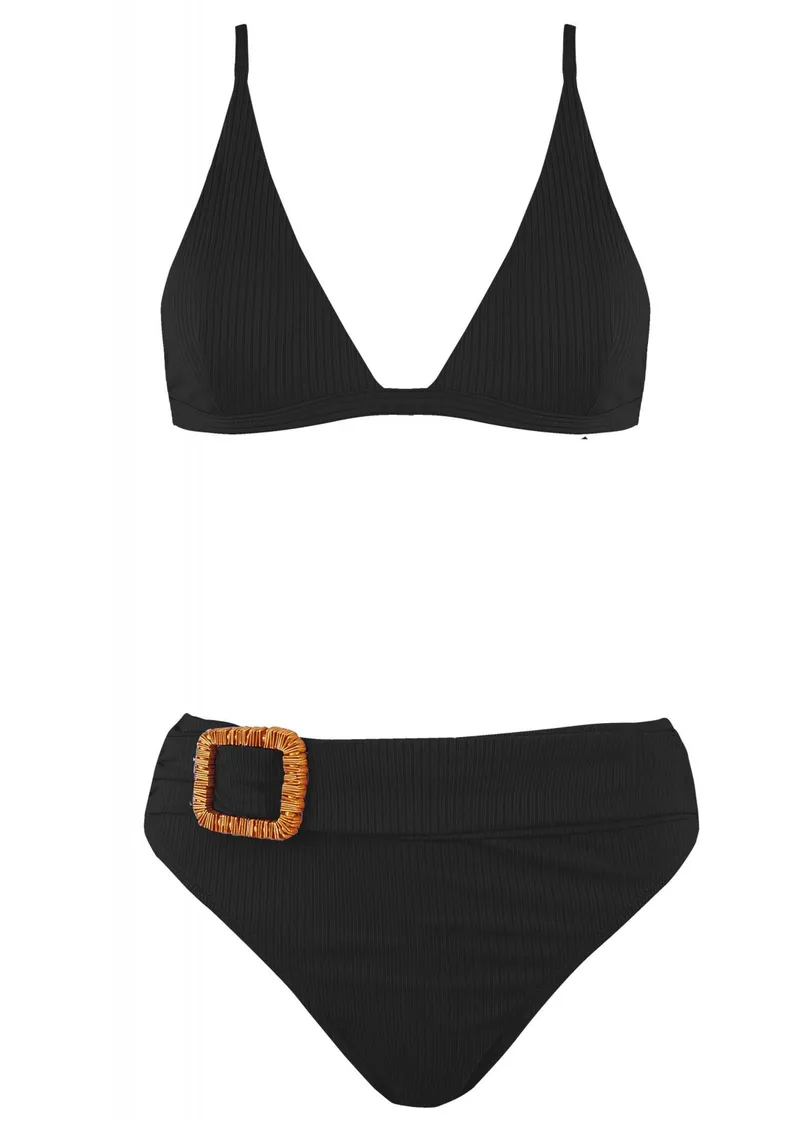 Γυναικείο set μαγιο bikini ψηλόμεσο bra τρίγωνο αποσπώμενη ενίσχυση. Καλύπτει B Cup ΜΑΥΡΟ
