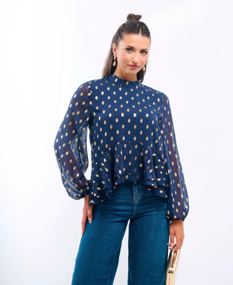 Navy Foil Ruffle Blouse | Size: 12