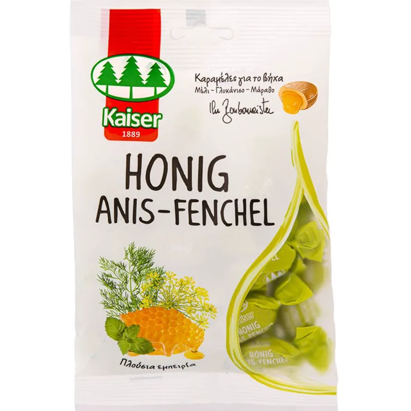 Kaiser Honig Anis Fenchel Καραμέλες για τον Ερεθισμένο Λαιμό & τον Βήχα με Γέμιση Γλυκάνισο, Μέλι & Μάραθο 90g