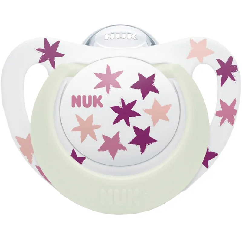 Nuk Star Night Silicone Soother 6-18m Εξαιρετικά Μαλακή Ορθοδοντική Πιπίλα Σιλικόνης που Λάμπει στο Σκοτάδι με Θήκη Μεταφοράς 1 Τεμάχιο - Ροζ