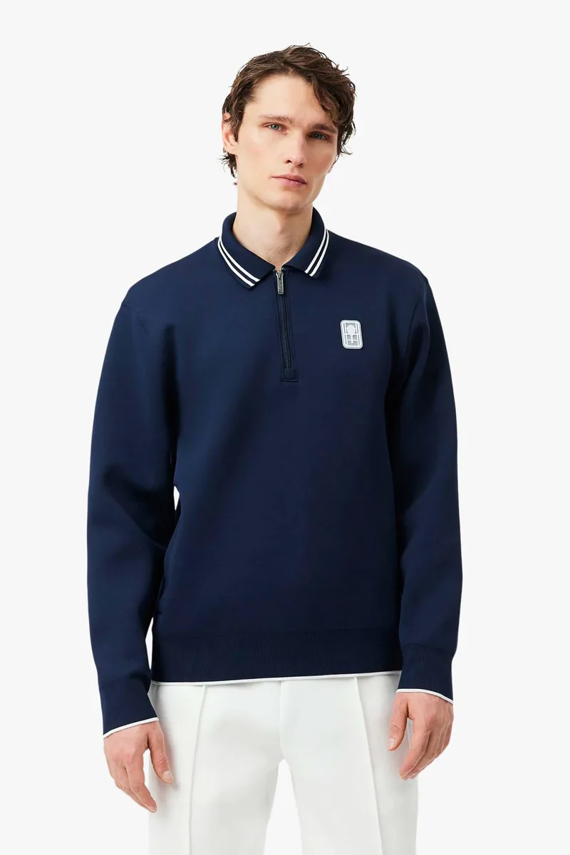 Lacoste ανδρική μπλούζα φούτερ με γιακά και tennis patch Relaxed Fit - SH0271 Μπλε Σκούρο