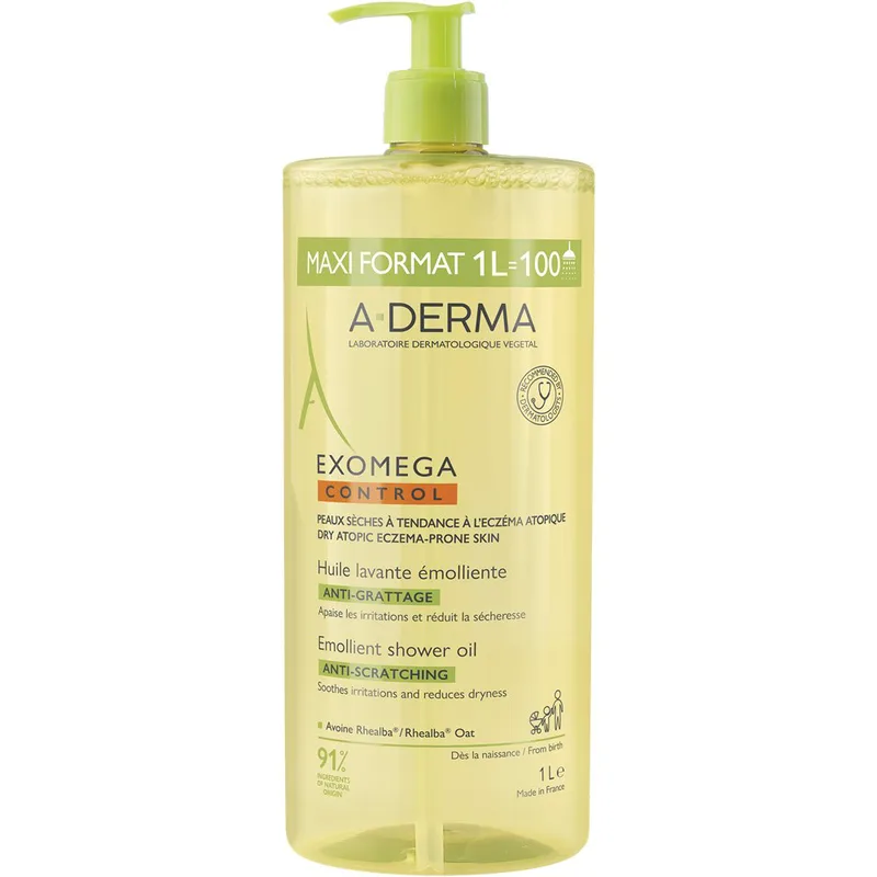 A-Derma Exomega Control Emollient Anti - Scratching Shower Oil Θρεπτικό Μαλακτικό Έλαιο Καθαρισμού Κατά του Αισθήματος Κνησμού για Ξηρό Δέρμα με Τάση Ατοπικού Εκζέματος 1000ml