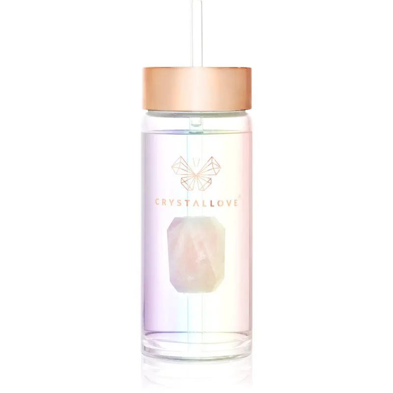 Crystallove Clear Quartz Straw Water Bottle γυάλινο μπουκάλι νερού με καλαμάκι Hologram - Rose Quartz 400 ml