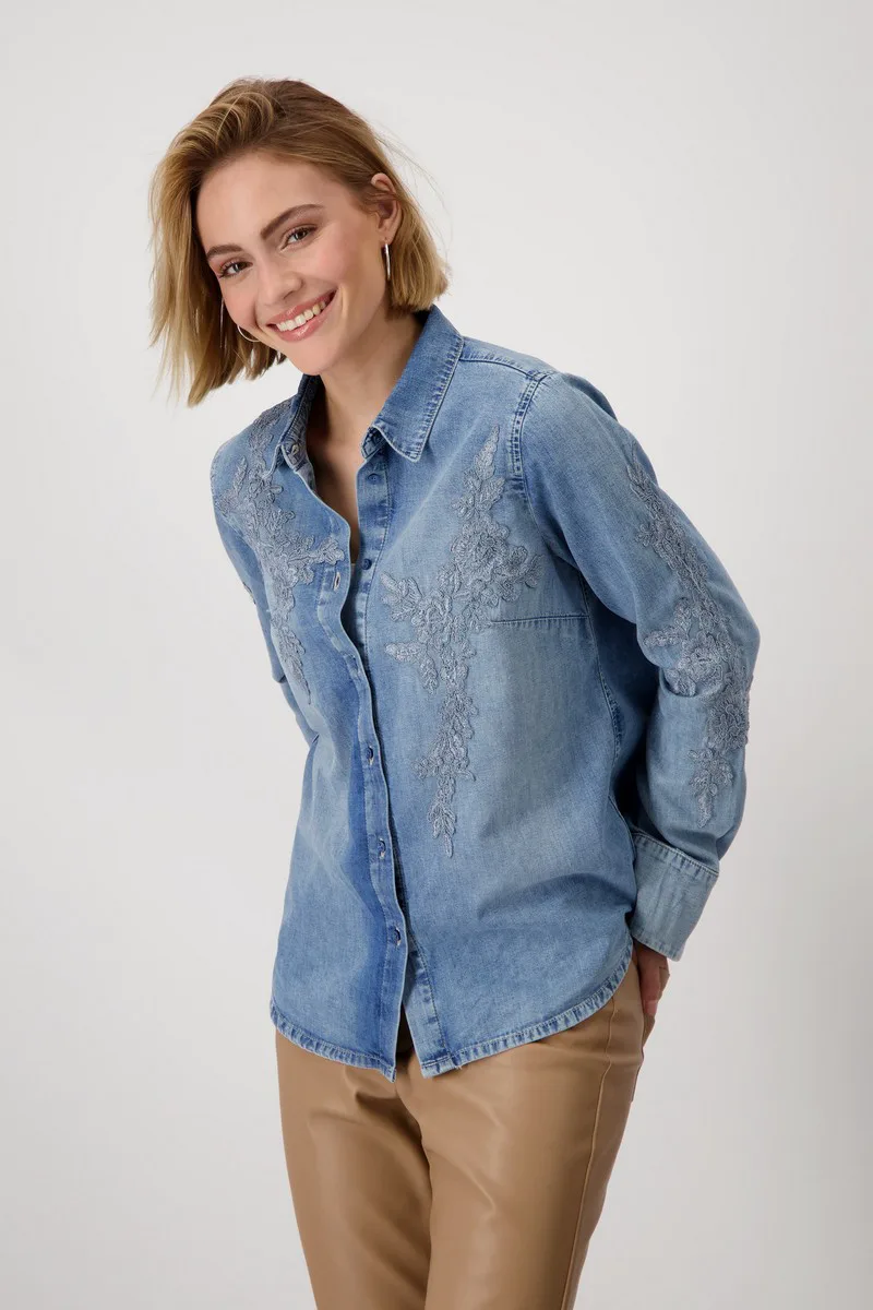 Monari Γυναικείο Denim Πουκάμισο Regular Fit Βαμβακερό με Τύπωμα Λουλουδιού "Jeans"