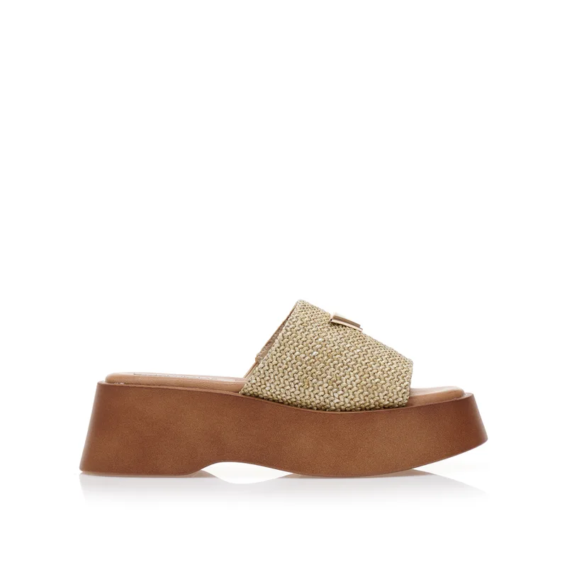Flatforms μπεζ με ψάθινη φάσα και αγκράφα ΜΠΕΖ