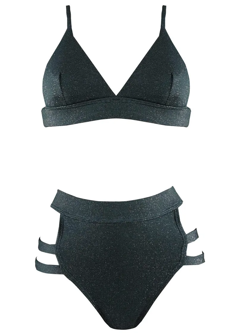 Set μαγιό τρίγωνο bikini ψηλόμεσο cut-out. Καλύπτει B cup. ΧΑΚΙ