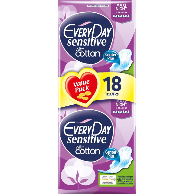 Every Day Sensitive Maxi Night Ultra Plus Value Pack Πολύ Λεπτές Σερβιέτες με Βαμβακερό Κάλυμμα,Ιδανικές για τη Νύχτα 18 Τεμάχια