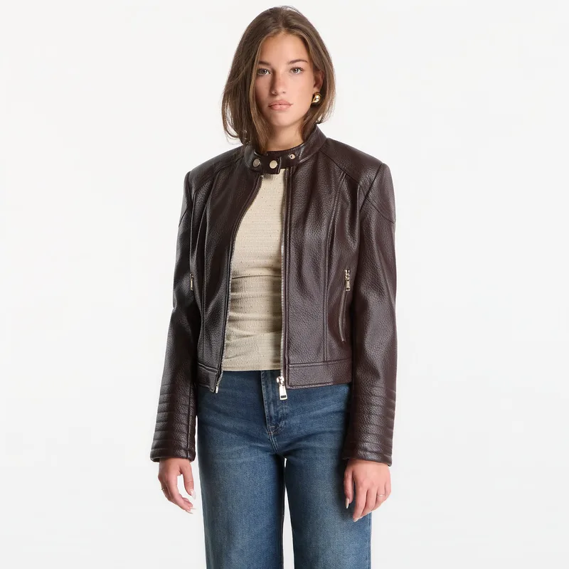 Μπουφάν GUESS Marlene Caribou Pu Moto Jacket Chocco Brown M