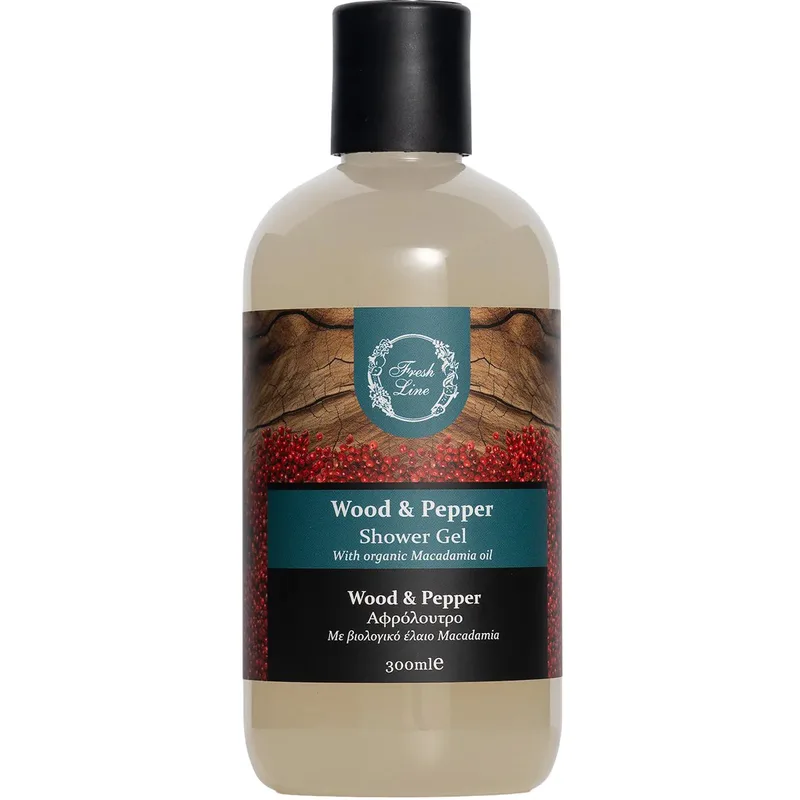 Fresh Line Wood & Pepper Shower Gel Εκλεπτυσμένο & Γήινο Αφρόλουτρο Φυσικής Σύνθεσης με Ξυλώδεις & Πικάντικες Νότες & Βιολογικό Έλαιο Macadamia 300ml