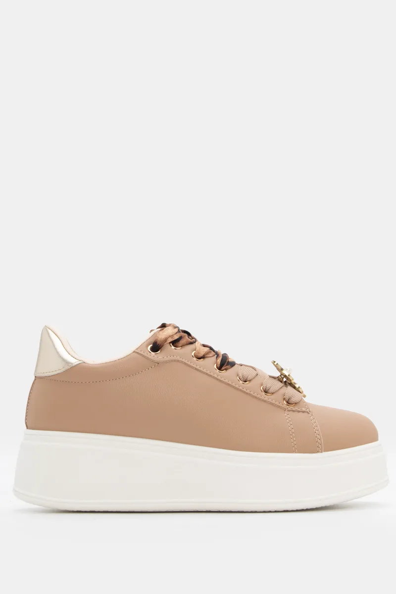 Sneakers με Διπλά Κορδόνια με Διακοσμητική Πεταλούδα - Μπεζ-Σκούρο