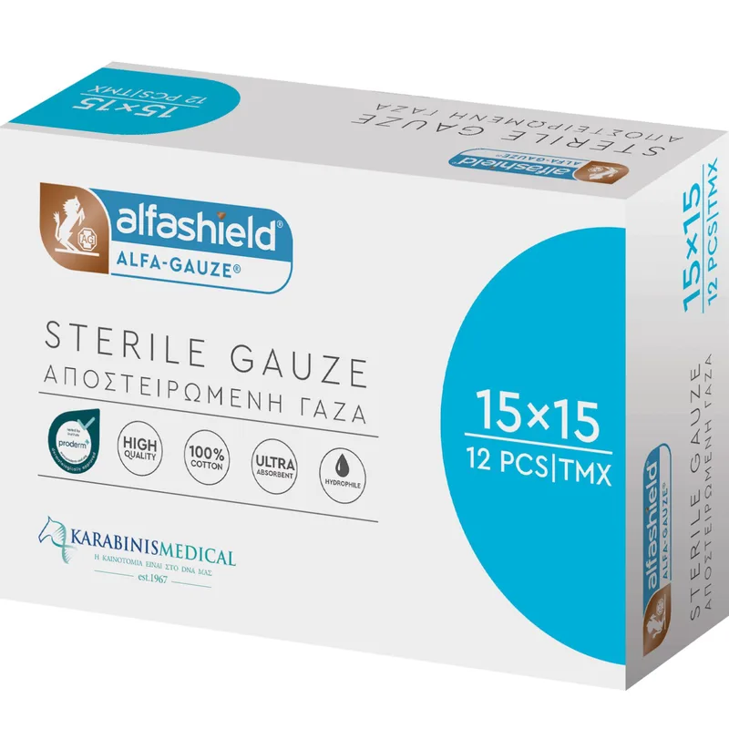 AlfaShield Alfa Gauze Sterile 15x15cm Αποστειρωμένη Γάζα με Υδρόφιλο Βαμβάκι 12 Τεμάχια