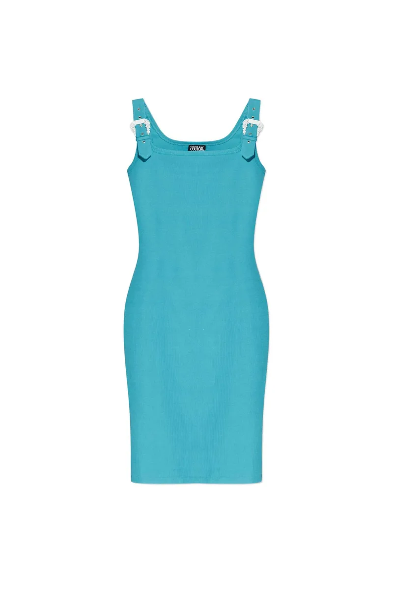 Versace Jeans Couture γυναικείο mini φόρεμα μονόχρωμο με ανάγλυφες αγκράφες - 80HAO943J0198 Τυρκουάζ