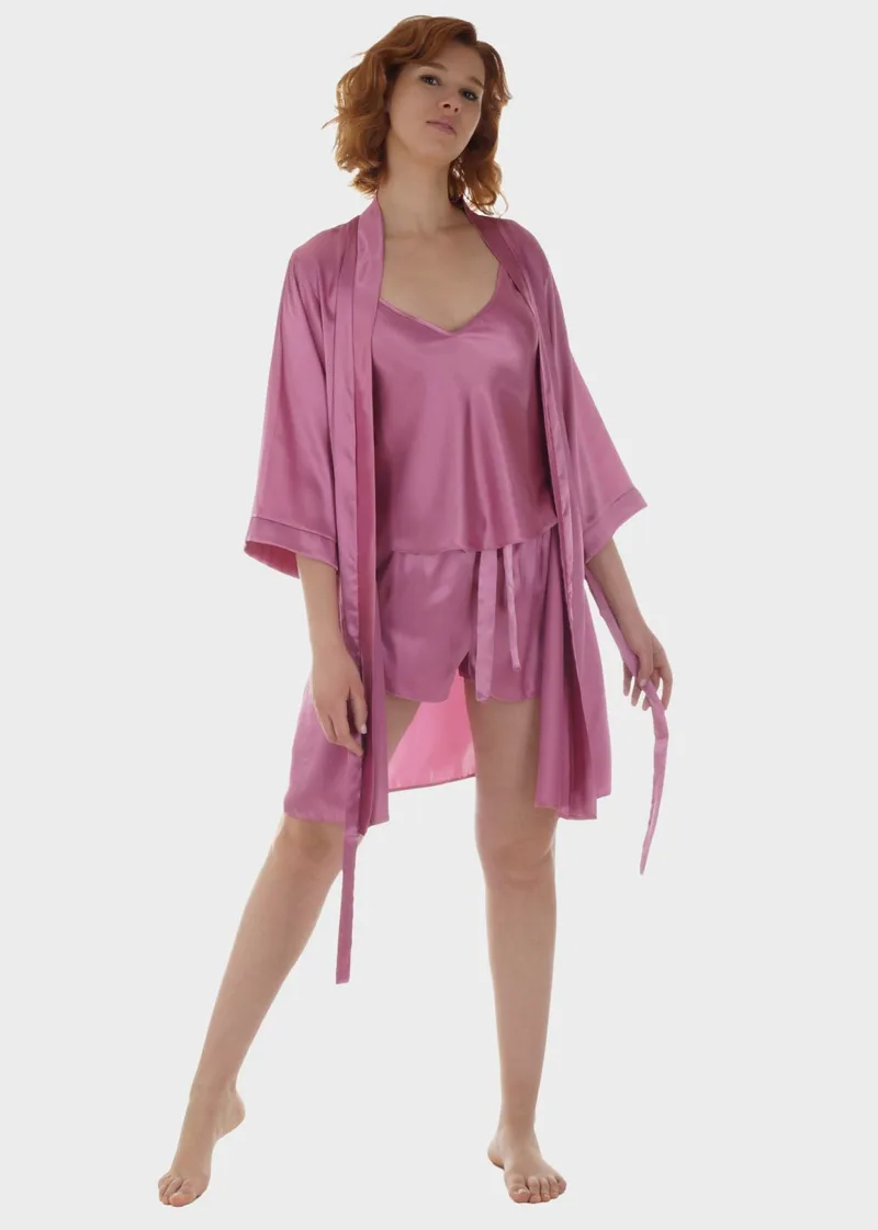 Γυναικείο σετ σατέν baby doll & ρόμπα μονόχρωμη.Saten Collection.Συσκευασία 3pack ΡΟΖ