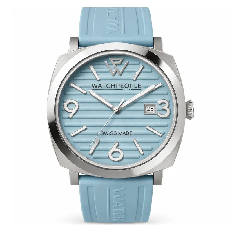 Watchpeople Women 700996 Quartz Analog Watch, 45mm, Blue Silicone Strap, Grey Stainless Steel Case
