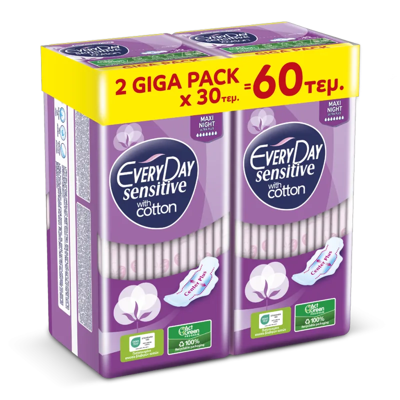 Σερβιέτες EveryDay Sensitive Cotton MAXI NIGHT Ultra Plus Center Plus 60τεμ.(2*30τμχ)