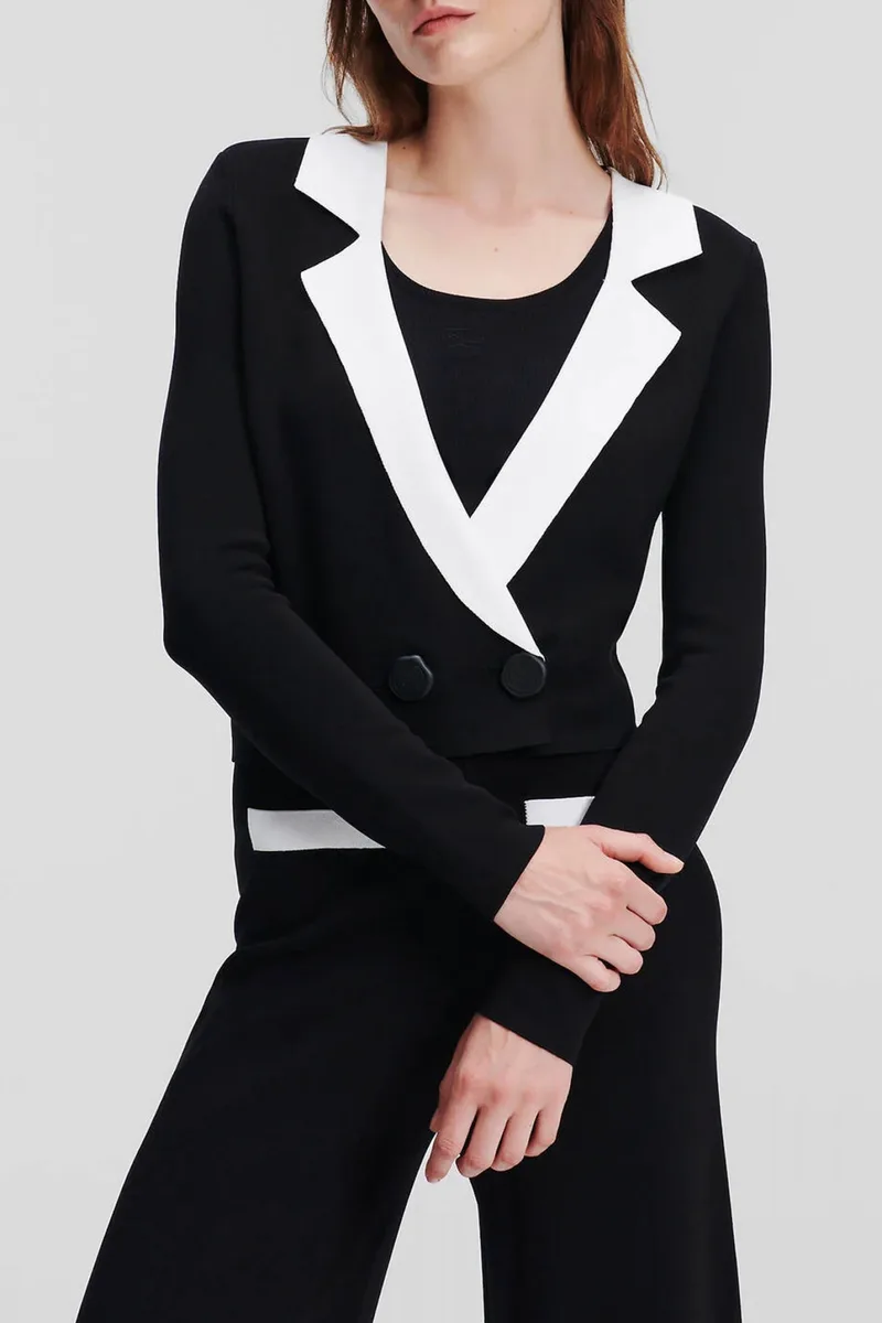 KARL LAGERFELD ΖΑΚΕΤΑ ΠΛΕΚΤΗ CROP ΑΣΠΡΟ ΠΕΤΟ ΜΑΥΡΟ