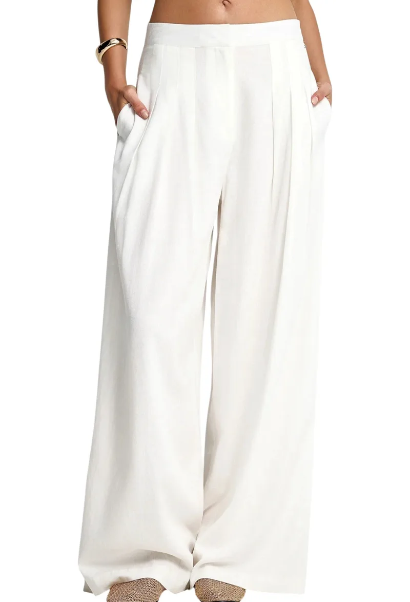 Παντελόνι Υφασμάτινο Funky Buddha Linen Blend FBL013-124-02-OFF WHITE Γυναικείο