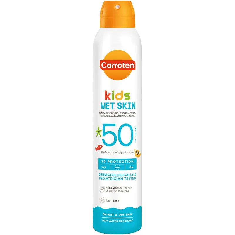 Carroten Kids Wet Skin Spf50 Invisible Body Spray Παιδικό Διάφανο Αντηλιακό Spray Σώματος Υψηλής Προστασίας με Ειδική Σύνθεση που Μειώνει το Κίνδυνο Εμφάνισης Αλλεργικών Αντιδράσεων 200ml