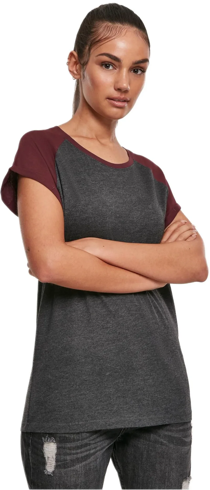 Ladies Contrast Raglan Tee Urban Classics TB1913-02252 charcoal/redwine