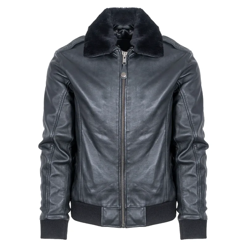 Prince Oliver Δερμάτινο Μαύρο Μπουφάν Aviator 100% Leather Jacket (Modern Fit)