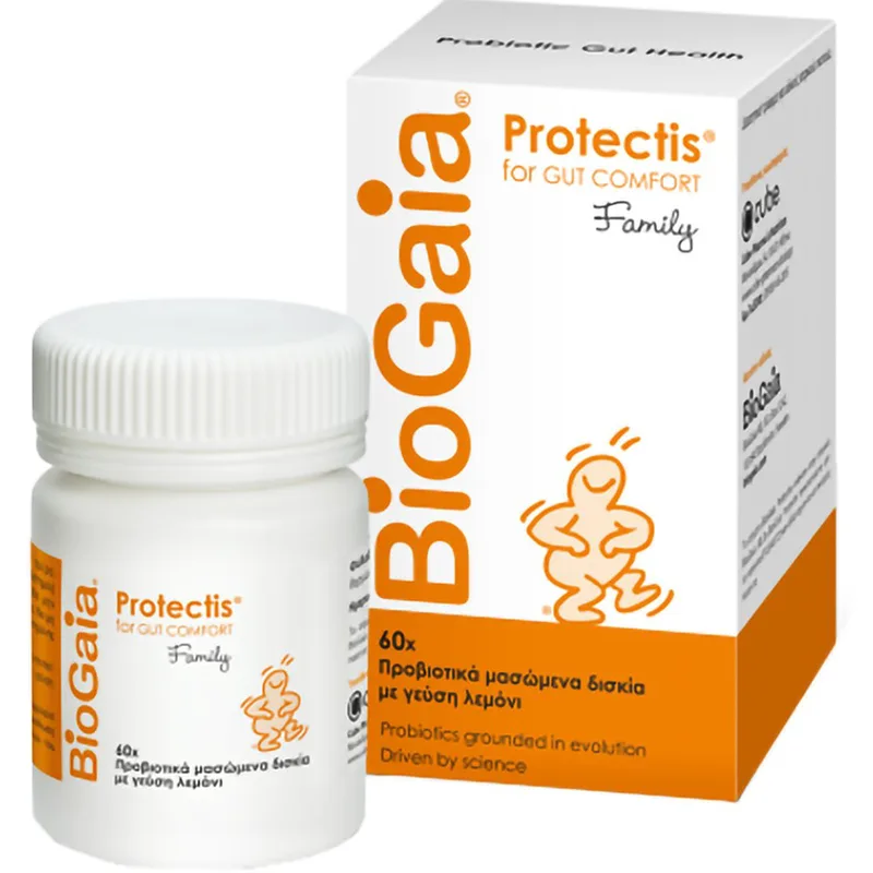 BioGaia Protectis for Gut Comfort Family Συμπλήρωμα Διατροφής Προβιοτικών για την Αντιμετώπιση Διάρροιας, Δυσκοιλιότητας & Κοιλιακού Άλγους με Γεύση Λεμόνι 60 Chew.tabs - Lemon