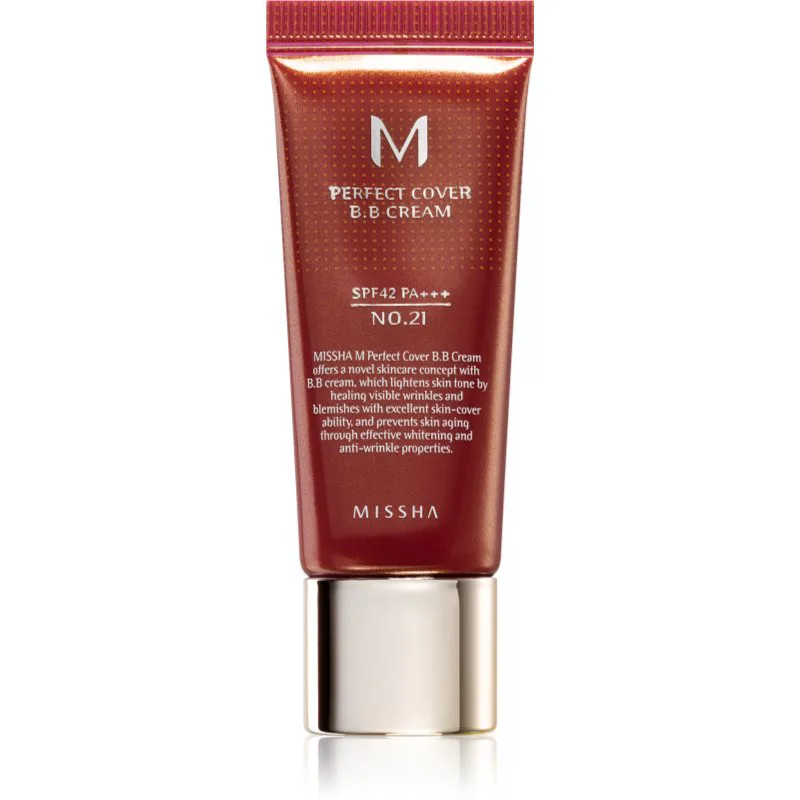 Missha M Perfect Cover ΒΒ κρέμα με πολύ υψηλή προστασία UV μικρή συσκευασία απόχρωση No. 21 Light Μπεζ SPF 42/PA+++ 20 ml