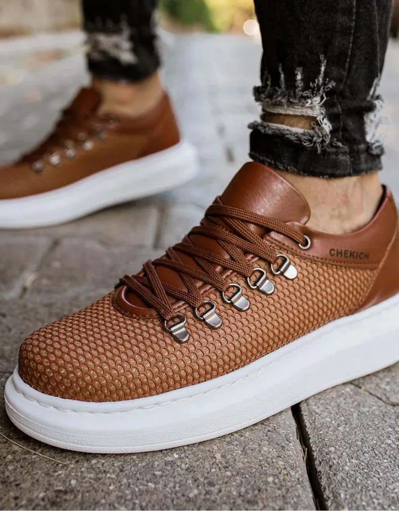 Ανδρικά καφέ Sneakers δερματίνη ανάγλυφο σχέδιο CH021K