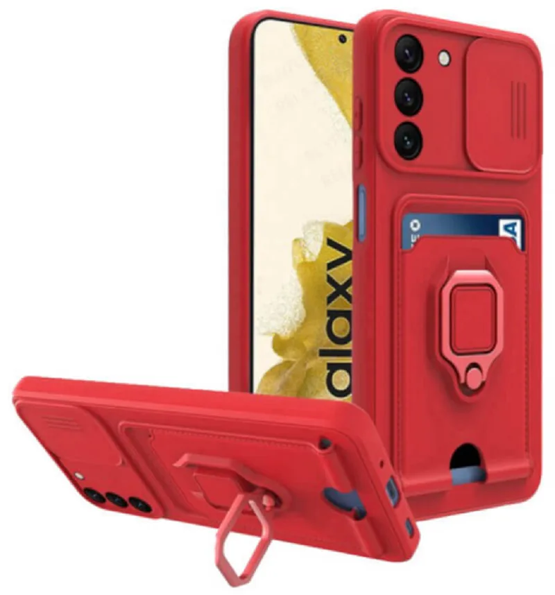 Bodycell Multifunction - Ανθεκτική Θήκη Samsung Galaxy S22 5G με Λουράκι Λαιμού / Κάλυμμα Κάμερας / Ring Holder / Υποδοχή Κάρτας - Red (5206015004421)