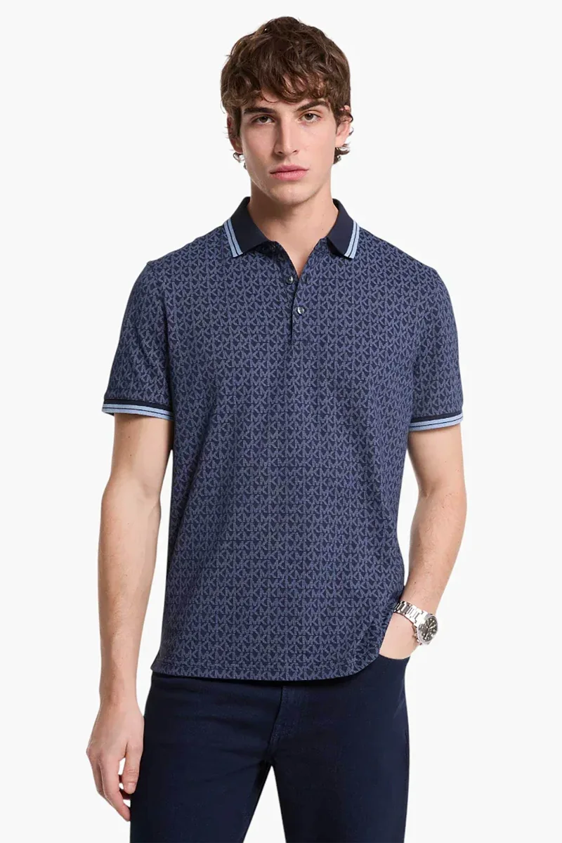 Michael Kors ανδρική μπλούζα πόλο με all-over monogram print Regular Fit - CS550V85KS Μπλε Σκούρο