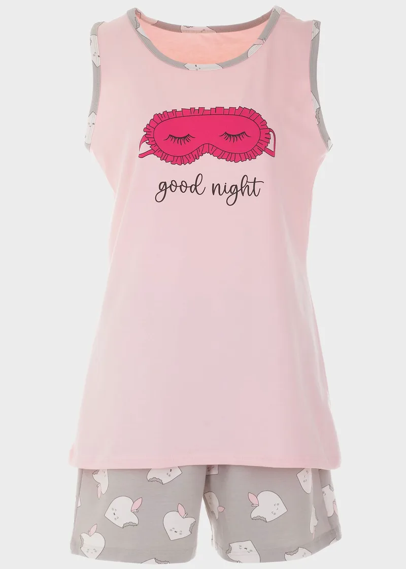 Βaby doll plus size με στάμπα Good Night και σόρτς με τσέπες ΡΟΖ