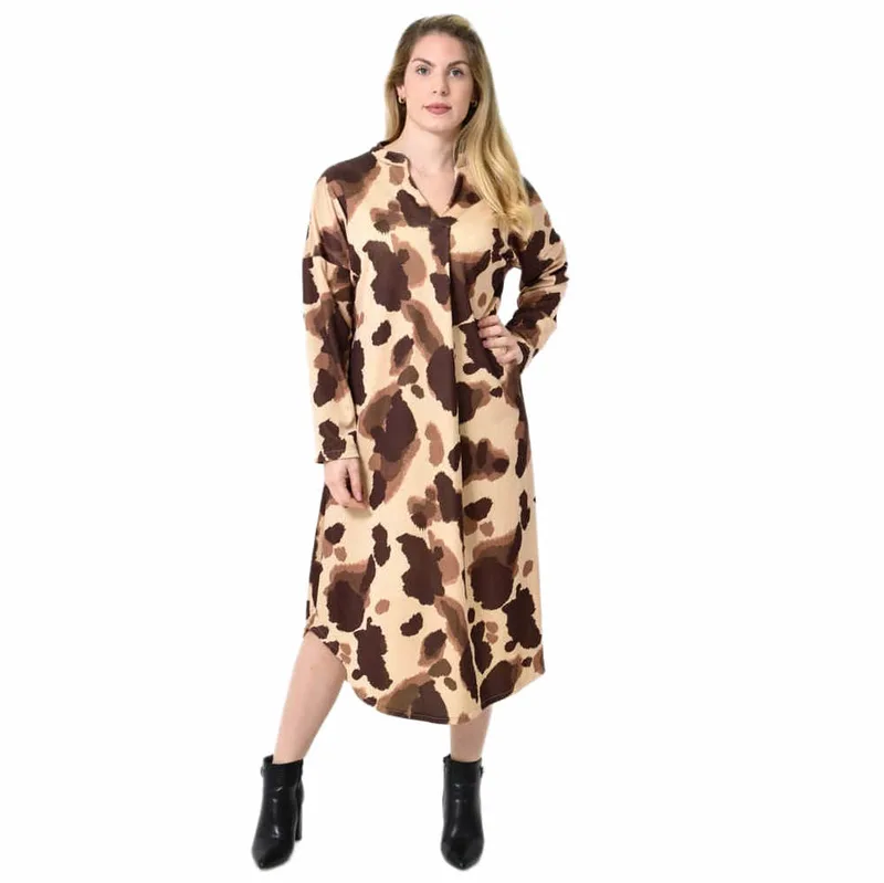 Midi Σεμιζιέ Φόρεμα Abstract Animal Print - Άνετη Γραμμή Καφέ 27290