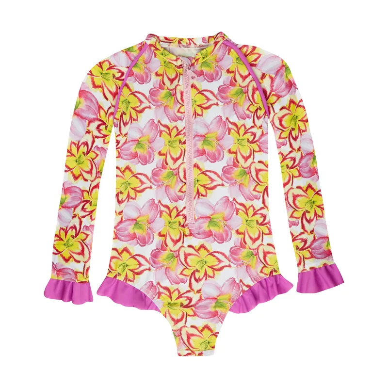 GIRL'S ONE PIECE LONG SLEEVE RUFFLES YELLOW LILIES